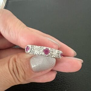 Judith Ripka Red Ruby Silver Textured Band ring with CZ Size 6